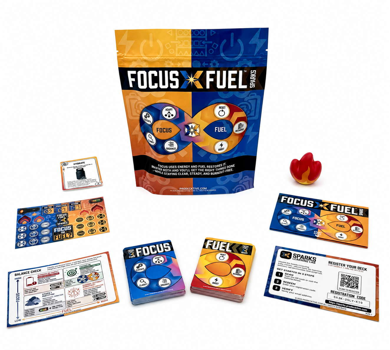 Focus Fuel Sparks physical card decks and learning tools arranged together