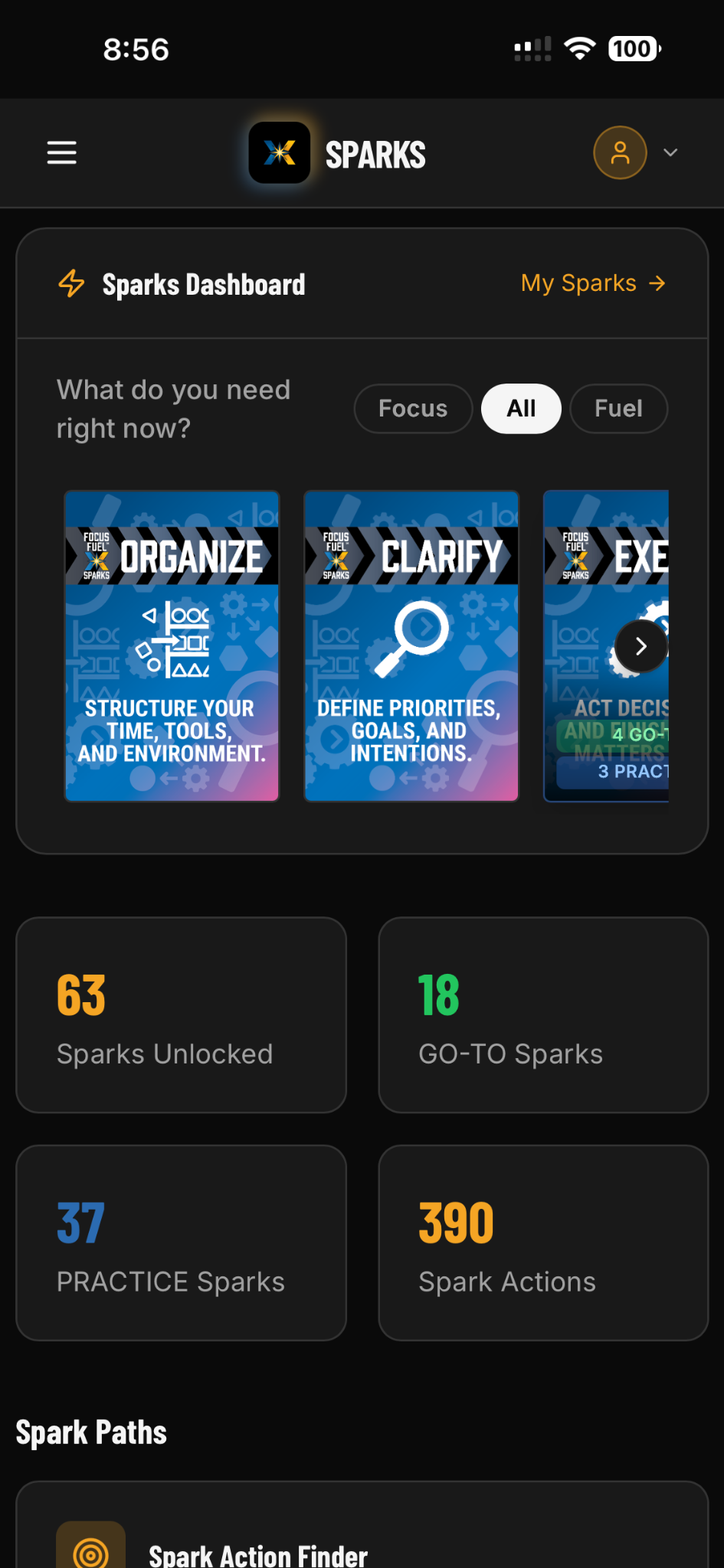 Sparks Learning Lab mobile dashboard with digital Focus and Fuel categories, personal Spark counts, and learning paths